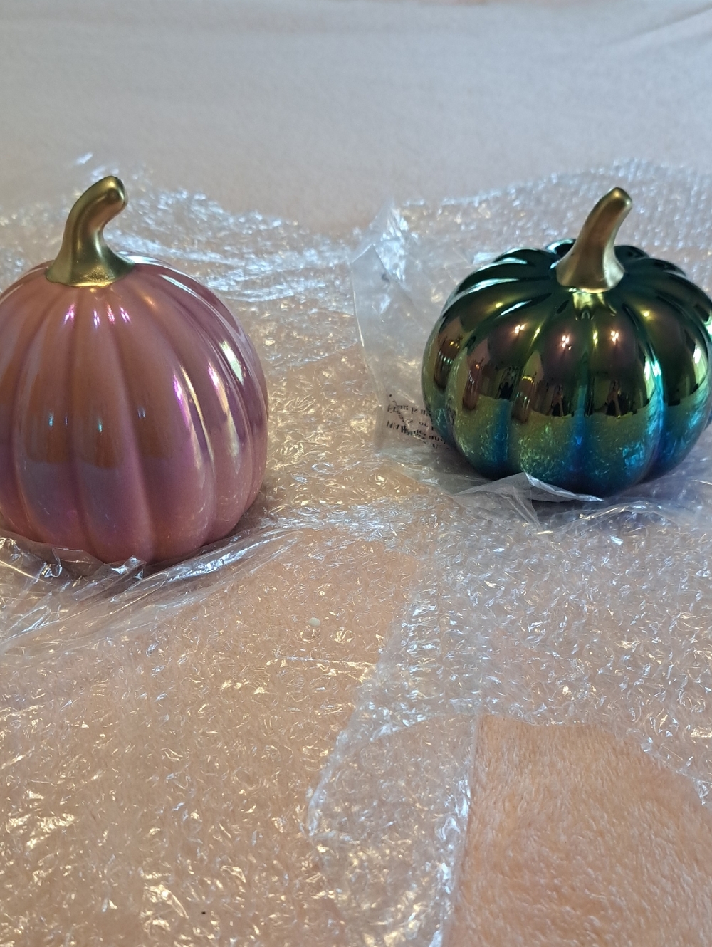 Iridescent Decorative Pumpkin Pair - Pink & Green